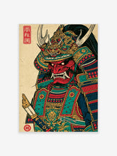 Red samurai warrior with horned oni helmet, fanged mask, and teal armour on a plain background
