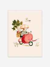 Illustrated red scooter poster with mushroom-hat rider carrying radishes and a dragonfly above