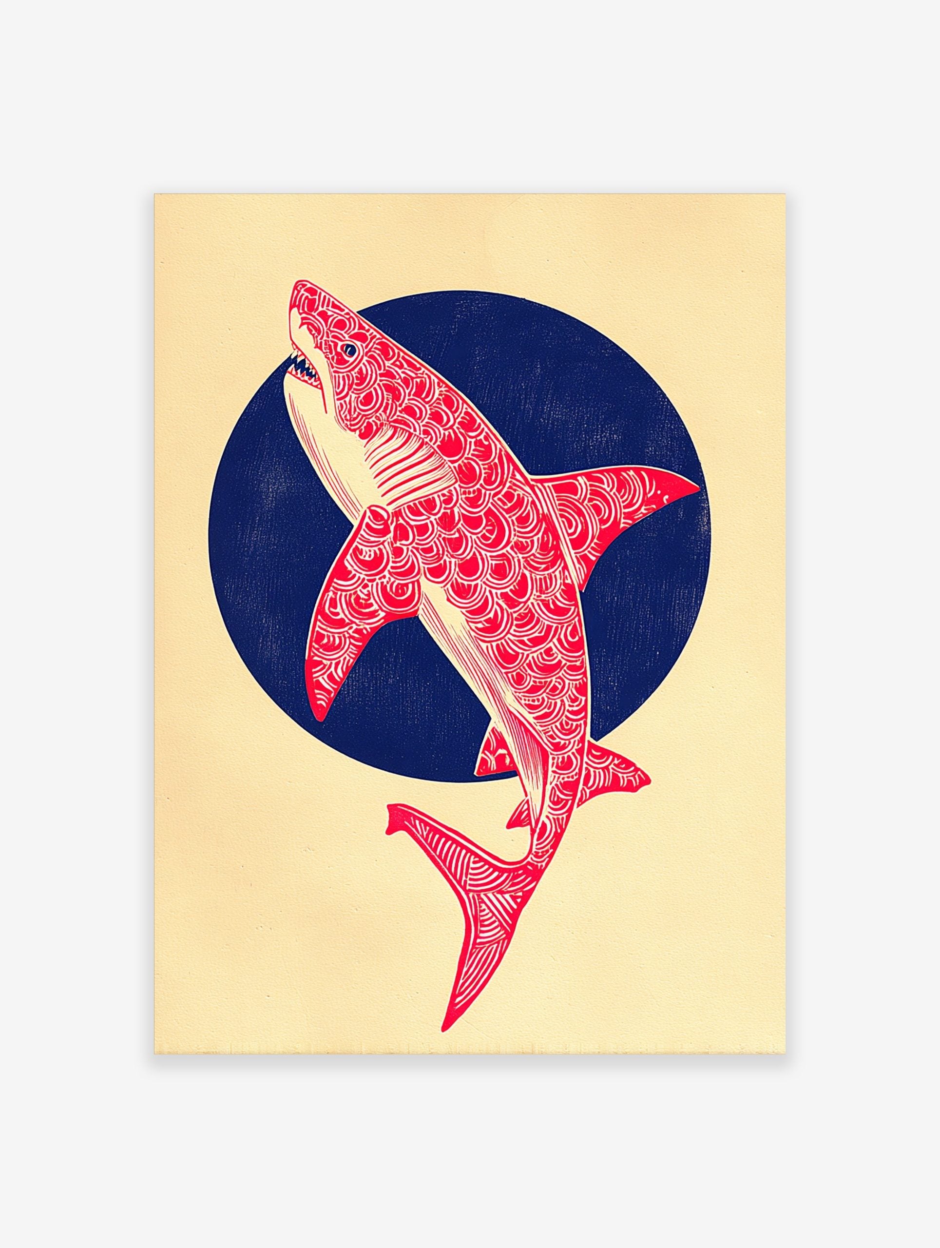 Red patterned shark illustration leaping from a dark blue circle on a cream background, portrait orientation