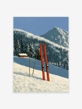 Red skis and poles in deep snow with a mountain cabin and forest background illustration