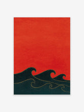 Stylised dark teal ocean waves with gold outlines under a vibrant red sky art print