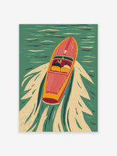 Red and yellow speedboat with two figures on green water, leaving a white wake in a retro illustration