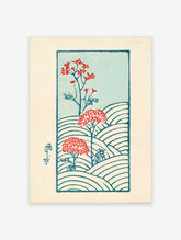 Red spider lily flowers with blue line-drawn fields on a pale blue background art print
