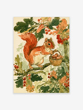 Red squirrel holding a berry basket on a branch with oak leaves, watercolour animal art print