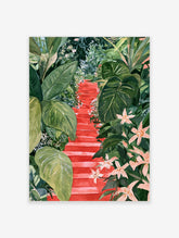 A red staircase winding through lush green tropical leaves and pale pink flowers in a painterly botanical illustration