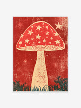 Red mushroom poster with cream star patterns and a tall stem on a textured red background