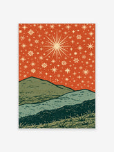 Illustrated poster of red starry night sky with cream stars over green and blue hills with grass