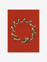 Gold stiletto heels arranged in a circle on a textured red background, retro fashion poster