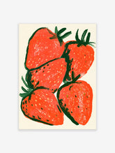 Red strawberry art print with four hand-painted style fruits and green leafy tops on cream background
