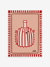 Red striped bottle gourd character with a smiling face and small wings on a pink background art print