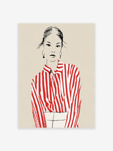 Modern fashion illustration art print of a woman in a red and white striped shirt with black hair and hoop earrings.