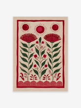 Red folk art botanical illustration with suns and stylized flowers on a natural beige background, bordered in red.