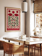 Red folk art botanical illustration with suns and stylized flowers on a natural beige background, bordered in red. - Image 2