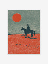 Cowboy on horse silhouette against red sun and orange desert, grainy western art print