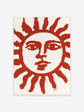 Red sun face poster with stylised rays and a calm expression on a pale background