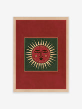 Stylized red sun face illustration with green background and cream rays, folk art style wall print