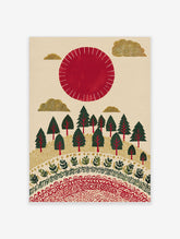 Illustrative red sun and golden clouds over a green forest with decorative patterns on a cream background