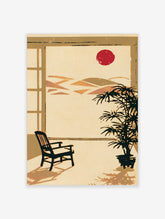 Red sun over ochre hills with black chair and potted plant, unframed paper print