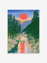 Red sun valley landscape poster with green pine trees, yellow mountain gap, and wooden footbridge over a river