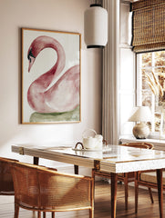 Red swan watercolour illustration art print with curved neck on white background, in a styled room mockup