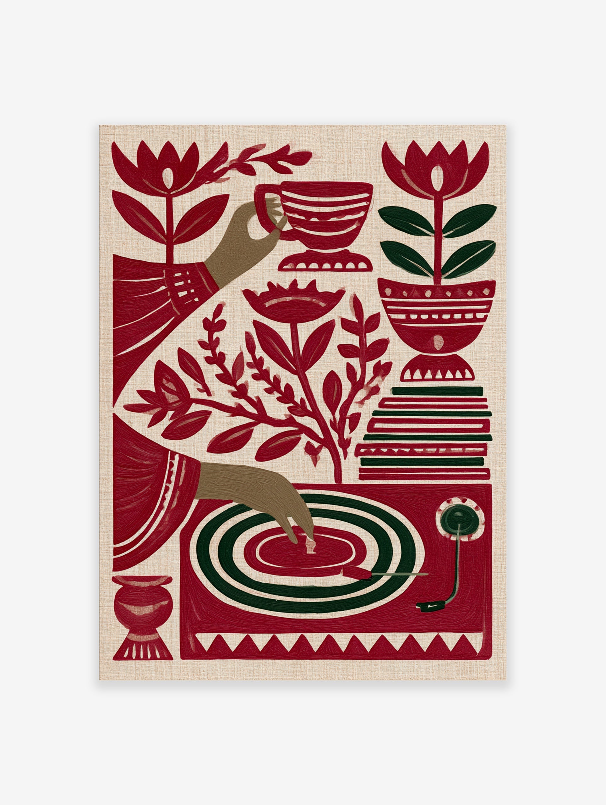 Stylized red and green illustrative art print of a tea cup, hand, record player, and flowers on cream background