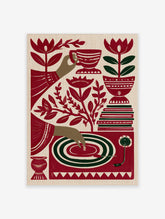 Stylized red and green illustrative art print of a tea cup, hand, record player, and flowers on cream background
