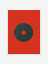 Minimalist red and dark teal abstract wall art with a central radiating circle design on a solid red background.