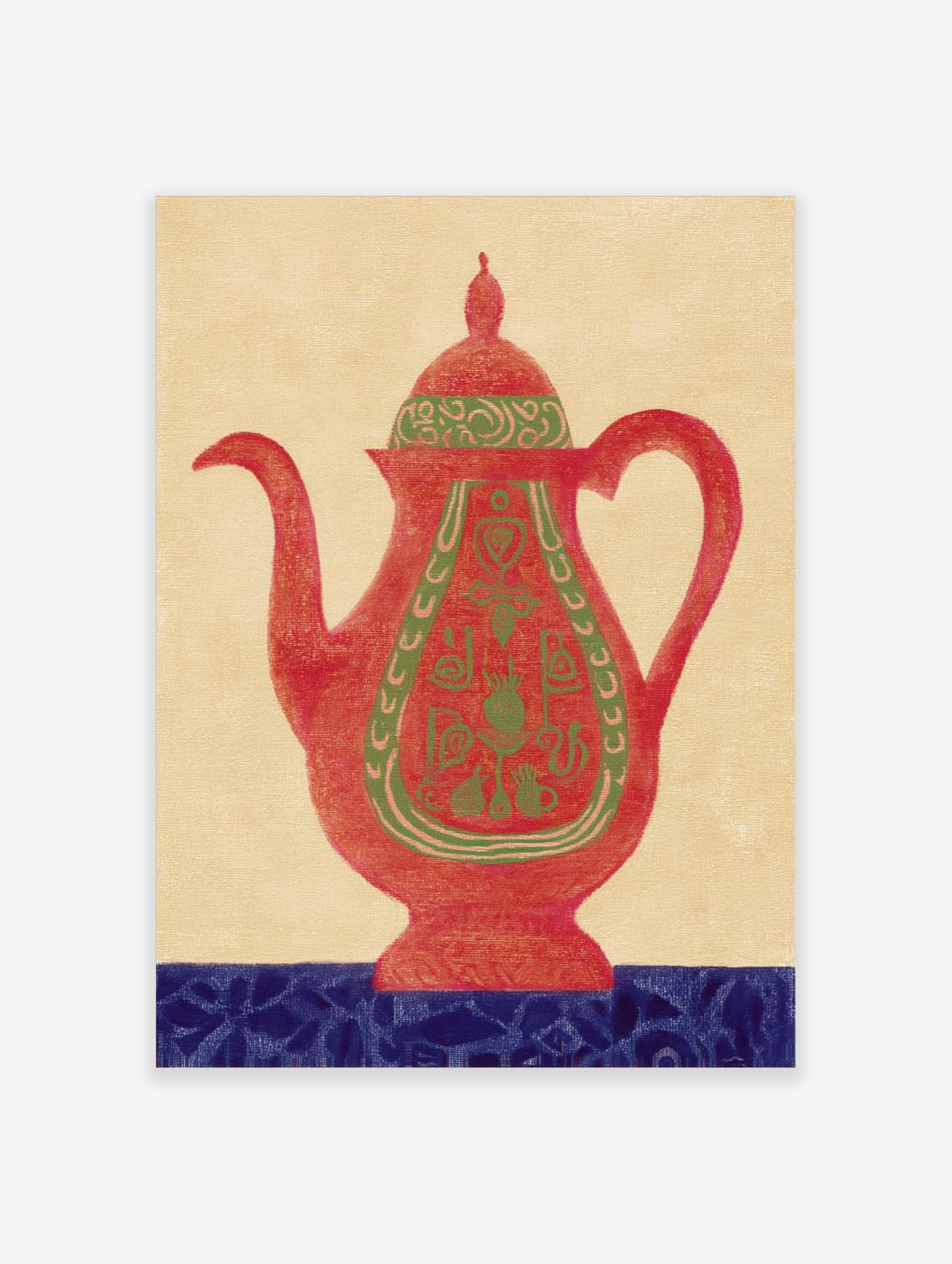 Red teapot wall art with green ornate patterns and a blue decorative base on a beige background