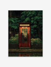 Red telephone booth poster on a rainy street at night, surrounded by green trees in an illustrative Japanese art style.