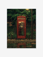 Red telephone booth poster on a rainy street with green foliage, wet ground, and reflections, in an anime illustration style.