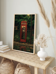 Red telephone booth poster on a rainy street with green foliage, wet ground, and reflections, in an anime illustration style. - Image 4