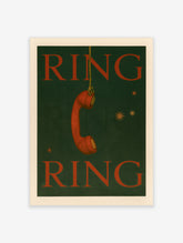 Retro style red telephone receiver hanging by a rope against a dark green background with red RING typography and stars