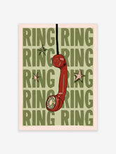 Red telephone handset illustration on a repetitive green text background that says RING with star accents