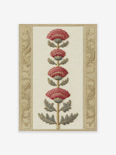 Red thistle botanical print with four crimson flower heads and gold ornate borders on cream background