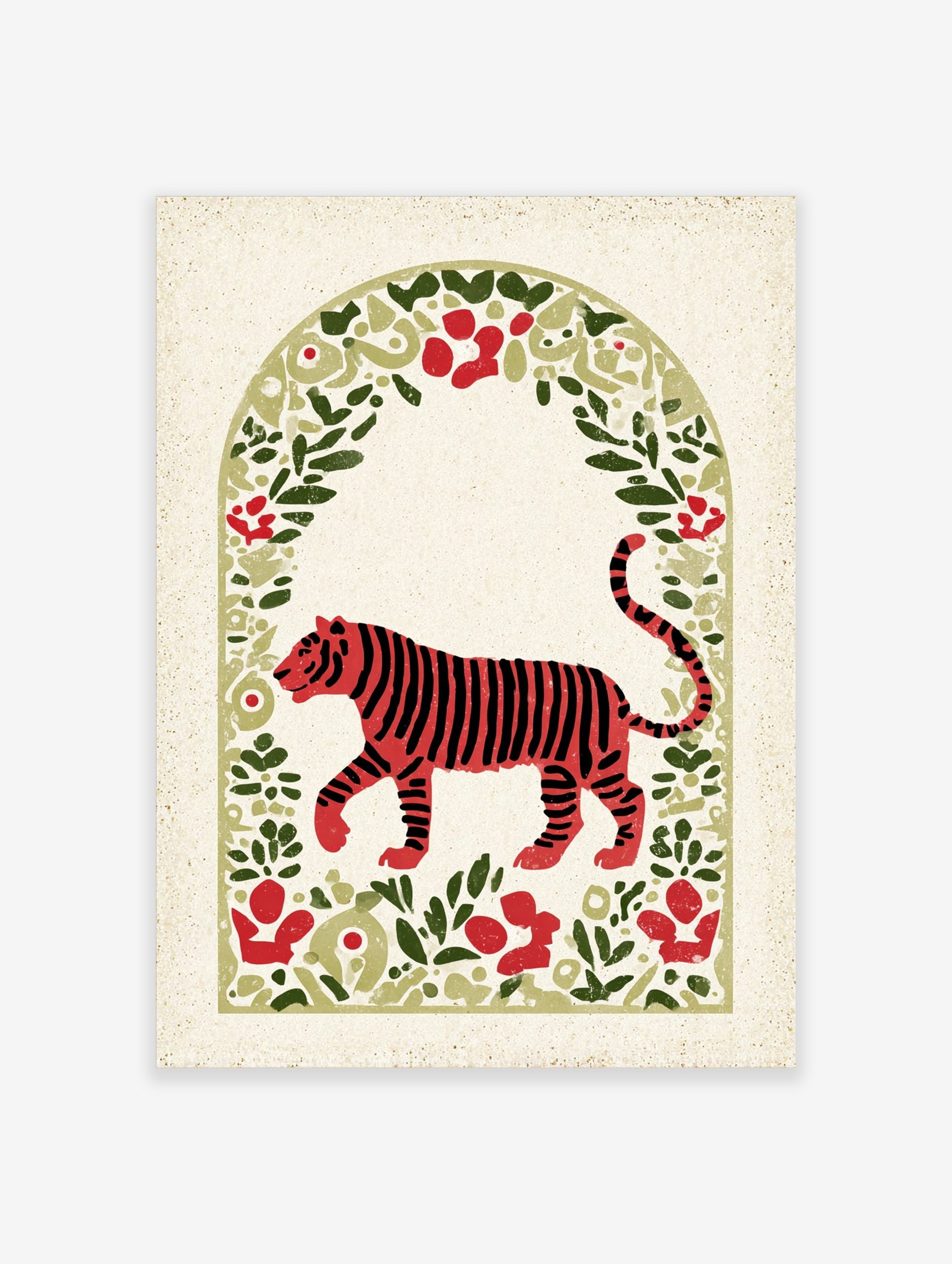 Red tiger illustration with black stripes, walking in an arched frame of green leaves and red flowers
