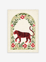 Red tiger illustration with black stripes, walking in an arched frame of green leaves and red flowers