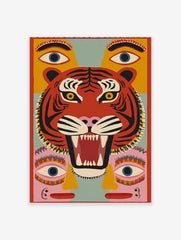 Stylised red tiger face with black stripes, yellow eyes, open mouth, surrounded by floating eyes on teal background