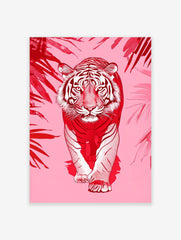 Red and white illustrative tiger walking forward, framed by red tropical leaves on a pink background
