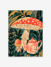 Red toadstool and teapot illustration with white spots and green foliage on a paper print