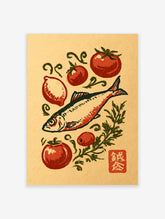 Red tomato and fish kitchen art print with lemon, herbs, and red seal stamp on beige background