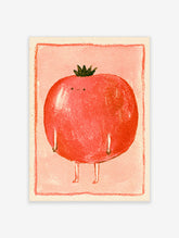 Red tomato character poster with green stalk, dot eyes, and thin limbs on pink background