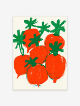 Red tomato art print with green leafy tops on white background, bold vegetable poster
