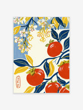 Red tomato fruit and white blossoms with blue leaves on a cream background art print
