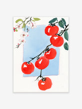Red tomatoes on a branch with green leaves and pink blossoms against a blue panel, Japanese ink-wash style