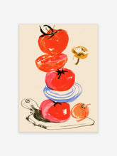 Red tomato still life art print with stacked tomatoes, blue plate, and knife on neutral background