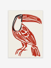 Bold red toucan bird illustration art print with black details on a cream background, portrait orientation