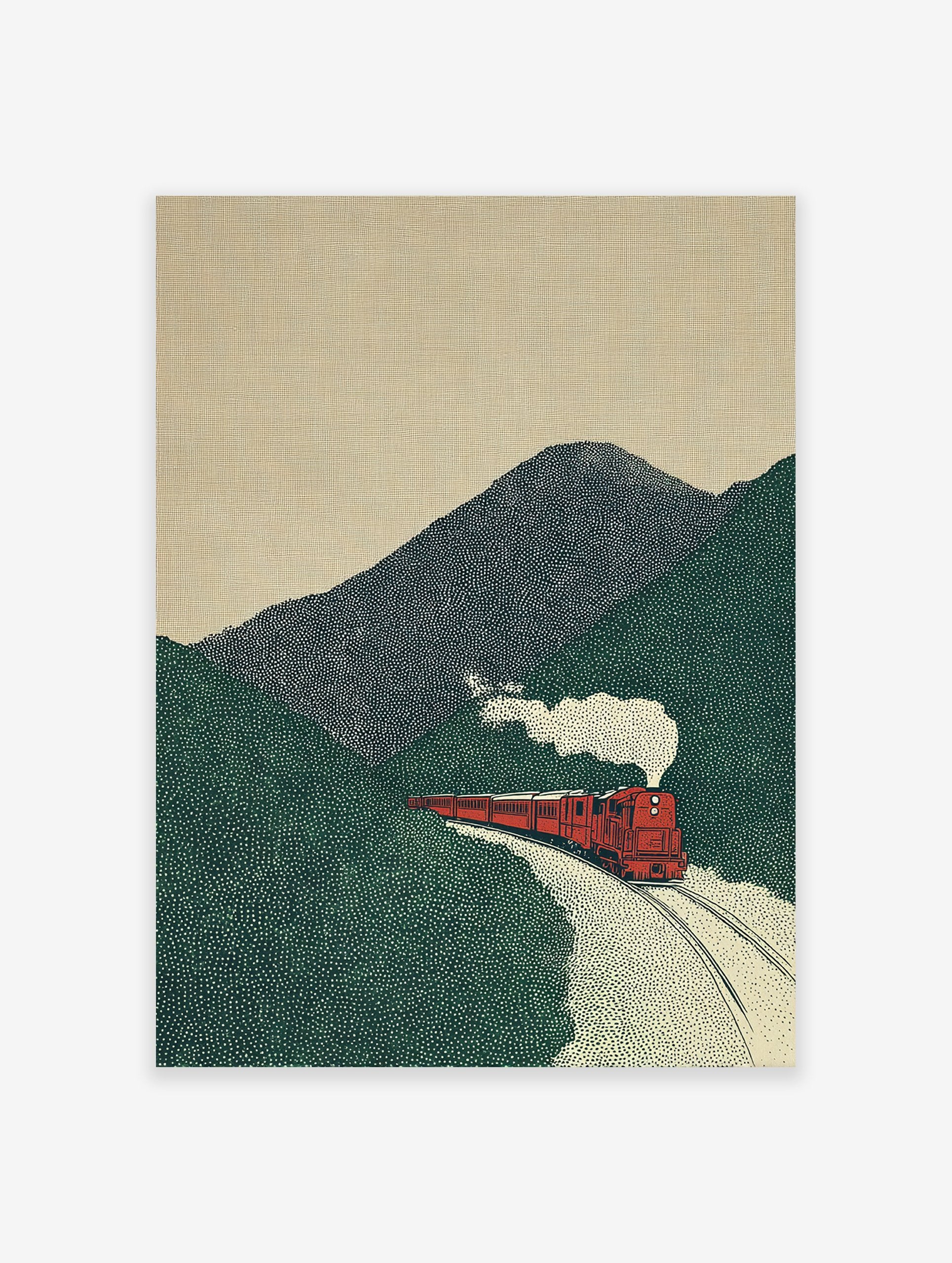 Red train traveling through a green mountain landscape with white smoke, in a vintage illustration wall art style.