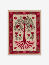 Red Tree of Life botanical illustration wall art with stylized flowers, green leaves, and roots on a beige background and red border.