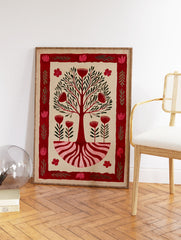 Red Tree of Life botanical illustration wall art with stylized flowers, green leaves, and roots on a beige background and red border. - Image 2