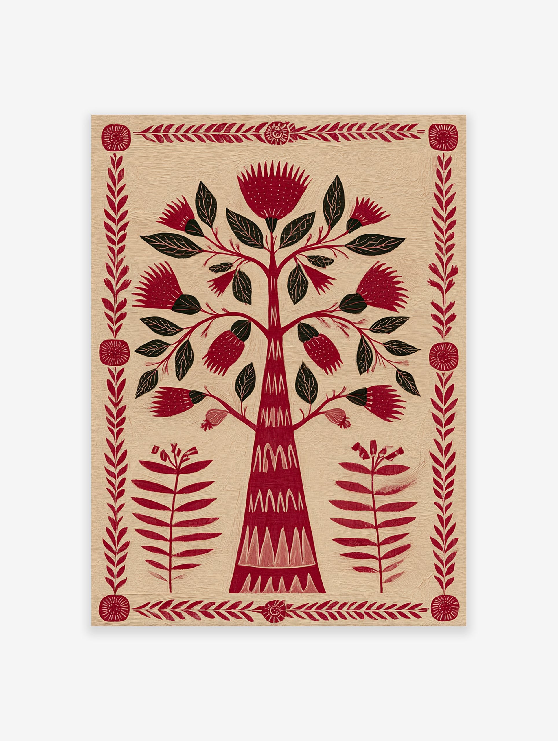 Red Tree of Life botanical folk art print with stylized flowers and leaves, framed by a decorative red border.